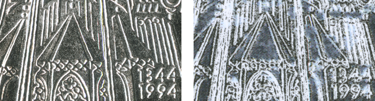 Detail plastického vyobrazení mince na originální katalogové kartě ČNB a její kopii