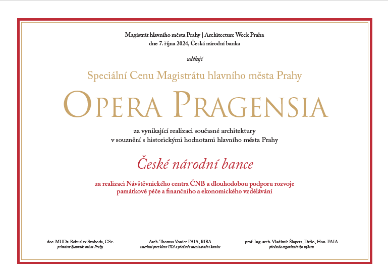 ČNB získala speciální Cenu Magistrátu hlavního města Prahy Opera Pragensia