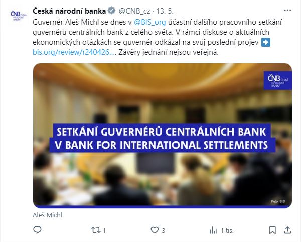 Guvernér Aleš Michl se dnes v BIS účastní dalšího pracovního setkání guvernérů centrálních bank z celého světa. V rámci diskuse o aktuálních ekonomických otázkách se guvernér odkázal na svůj poslední projev. Závěry jednání nejsou veřejná.