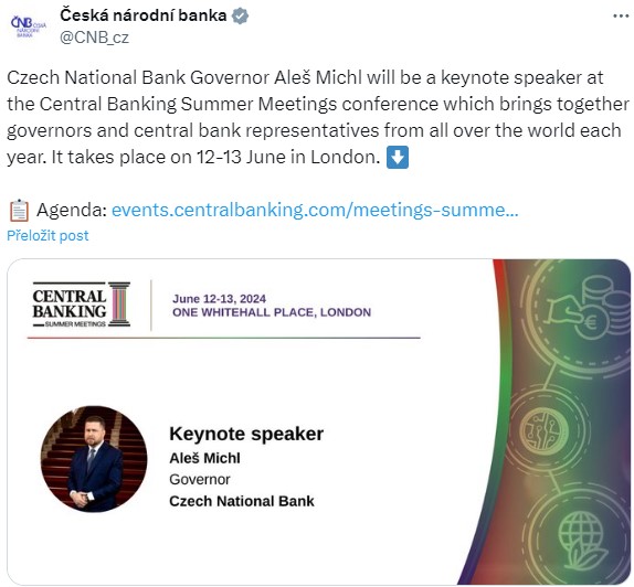 Czech National Bank Governor Aleš Michl will be a keynote speaker at the Central Banking Summer Meetings conference which brings together governors and central bank representatives from all over the world each year. It takes place on 12-13 June in London.