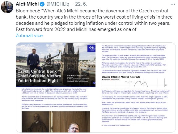 A. Michl – Bloomberg – When Aleš Michl became the governor of the Czech central bank, the country was in the throes of its worst cost of living crisis in three decades and he pledged to bring inflation under control within two years.
