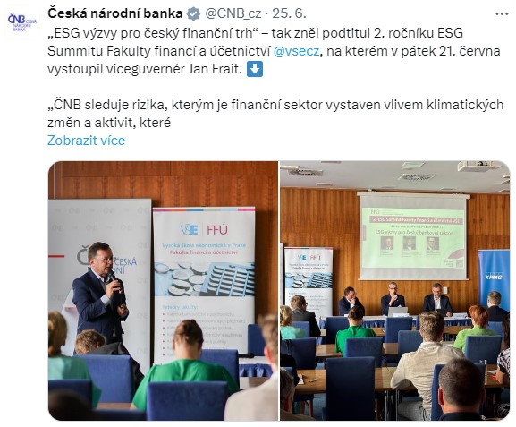 ČNB – ESG výzvy pro český finanční trh – tak zněl podtitul 2. ročníku ESG Summitu Fakulty financí a účetnictví VŠE, na kterém v pátek 21. června vystoupil viceguvernér Jan Frait.