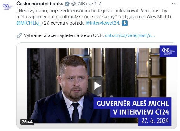 ČNB – Není vyhráno, boj se zdražováním bude ještě pokračovat. Veřejnost by měla zapomenout na ultranízké úrokové sazby, řekl guvernér Aleš Michl 27. června v pořadu Interview ČT24.