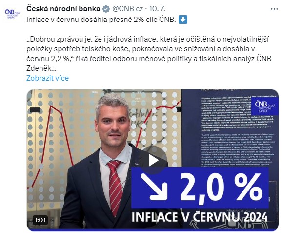 Inflace v červnu dosáhla přesně dvouprocentního cíle ČNB. Dobrou zprávou je, že i jádrová inflace, která je očištěná o nejvolatilnější položky spotřebitelského koše, pokračovala ve snižování a dosáhla v červnu 2,2 procenta, říká ředitel odboru měnové politiky a fiskálních analýz ČNB Zdeněk Pikhart.