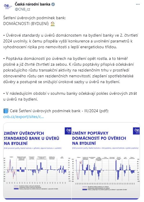 Šetření úvěrových podmínek bank. Graf domácností a bydlení: Úvěrové standardy u úvěrů domácnostem na bydlení banky ve 2. čtvrtletí 2024 uvolnily, k čemu přispěla vyšší konkurence a uvolnění parametrů k vyhodnocení rizika pro nemovitosti s lepší energetickou třídou. 