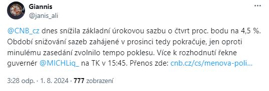 2. Poradce Janis Aliapulios – ČNB dnes snížila základní úrokovou sazbu o čtvrt procentního bodu na 4,5 %. Období snižování sazeb zahájené v prosinci tedy pokračuje, jen oproti minulému zasedání zvolnilo tempo poklesu.