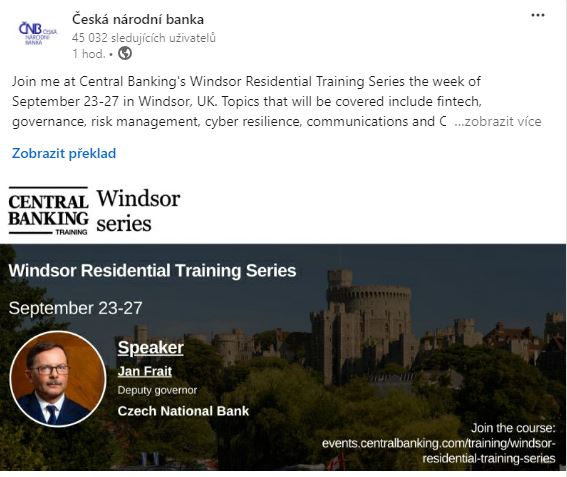 Pozvánka – Viceguvernér Jan Frait vystoupí v září na Central Banking's Windsor Residential Training Series. 