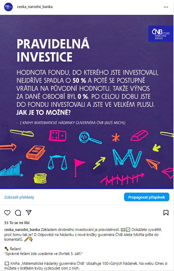 Základem drobného investování je pravidelnost. Vyřešte hádanku z nové knížky Matematické hádanky guvernéra ČNB.