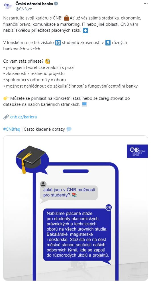 FAQ – I v roce 2024 mohou studenti vysokých škol absolvovat stáž v České národní bance.