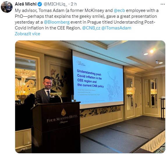 A. Michl – My advisor, Tomas Adam (a former McKinsey and ECB employee with a PhD—perhaps that explains the geeky smile), gave a great presentation yesterday at a Bloomberg event in Prague titled Understanding Post-Covid Inflation in the CEE Region.