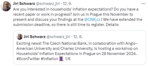 J. Schwarz – Are you interested in households' inflation expectations. Do you have a recent paper or work in progress? Join us in Prague this November to present and discuss your findings at the CNB. We have extended the submission deadline, so there is still time to register.