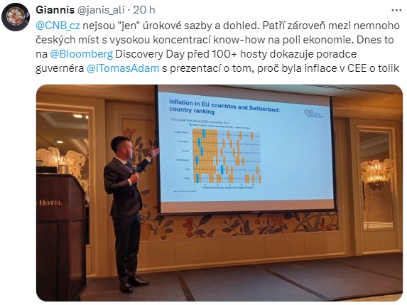 J. Aliapulios – ČNB nejsou jen úrokové sazby a dohled. Patří zároveň mezi nemnoho českých míst s vysokou koncentrací know-how na poli ekonomie. Dnes to na Bloomberg Discovery Day před 100 hosty dokazuje poradce guvernéra Tomáš Adam s prezentací o tom, proč byla inflace v CEE o tolik vyšší ve srovnání se západní Evropou.