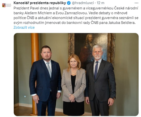 Kancelář prezidenta republiky – Prezident Pavel dnes jednal s guvernérem a viceguvernérkou České národní banky Alešem Michlem a Evou Zamrazilovou. Vedle debaty o měnové politice ČNB a aktuální ekonomické situaci prezident guvernéra seznámil se svým rozhodnutím jmenovat do bankovní rady ČNB pana Jakuba Seidlera.