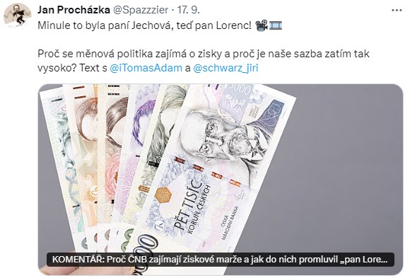 Jan Procházka – Minule to byla paní Jechová, teď pan Lorenc. Proč se měnová politika zajímá o zisky a proč je naše sazba zatím tak vysoko. Text s Tomášem Adamem a Jiřím Schwarzem.