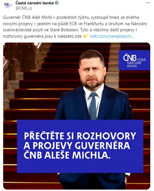 Guvernér ČNB Aleš Michl v posledním týdnu vystoupil hned se dvěma novými projevy – jedním na půdě ECB ve Frankfurtu a druhým na Národní svatováclavské pouti ve Staré Boleslavi.