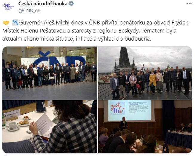 Guvernér Aleš Michl dnes v ČNB přivítal senátorku za obvod Frýdek-Místek Helenu Pešatovou a starosty z regionu Beskydy.