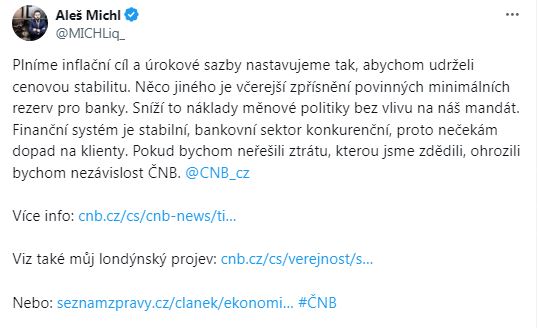 Guvernér ČNB Aleš Michl – Plníme inflační cíl a úrokové sazby nastavujeme tak, abychom udrželi cenovou stabilitu. Něco jiného je včerejší zpřísnění povinných minimálních rezerv pro banky.