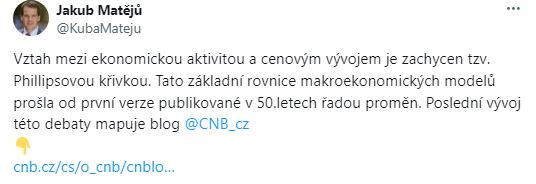 Náměstek sekce měnové Jakub Matějů o novém čnBlogu – Vztah mezi ekonomickou aktivitou a cenovým vývojem je zachycen tzv. Phillipsovou křivkou. Poslední vývoj této debaty mapuje blog ČNB.