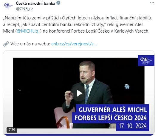 Aleš Michl na konferenci Forbes Lepší Česko – Nabízím této zemi v příštích čtyřech letech nízkou inflaci, finanční stabilitu a recept, jak zbavit centrální banku rekordní ztráty.