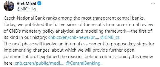 Guvernér ČNB Aleš Michl – Czech National Bank ranks among the most transparent central banks. Today, we published the full versions of the results from an external review of CNB’s monetary policy analytical and modeling framework—the first of its kind in our history.