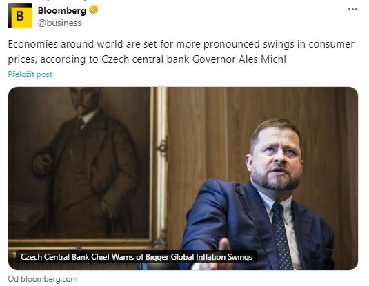 Bloomberg – Economies around world are set for more pronounced swings in consumer prices, according to Czech central bank Governor Aleš Michl.