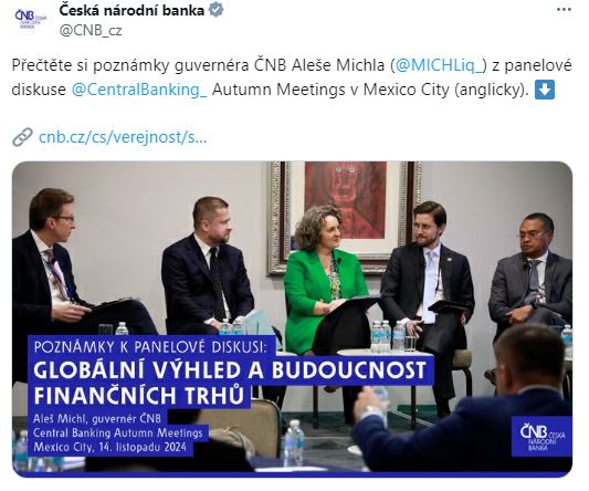 Přečtěte si poznámky guvernéra ČNB Aleše Michla z panelové diskuse Central Banking Autumn Meetings v Mexico City.