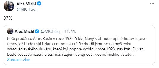 Guvernér ČNB Aleš Michl – Zájem o dukát předčil očekávání – 97 procent je prodáno